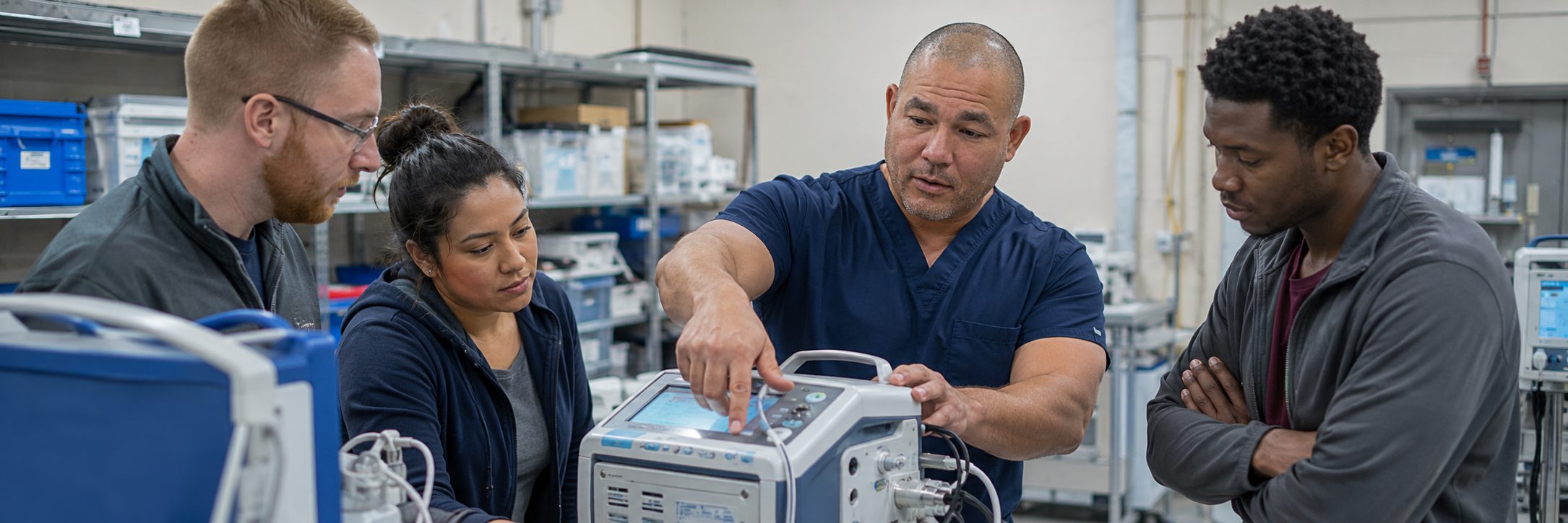 Ventilator and transport monitor service in a hospital equipment depot