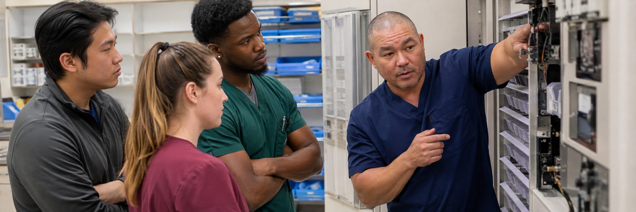 Ventilator and transport monitor service in a hospital equipment depot
