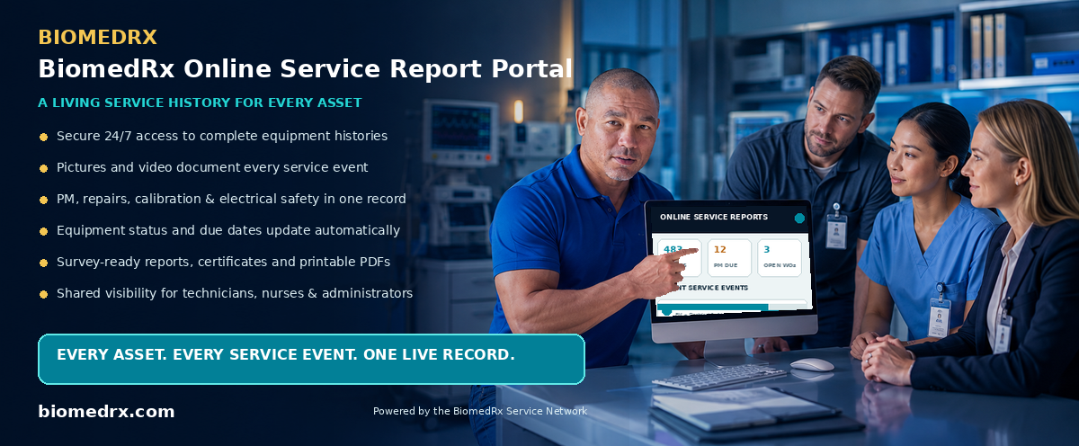 BiomedRx Online Service Report Portal — every service event, live in your secure online report portal; view a sample report